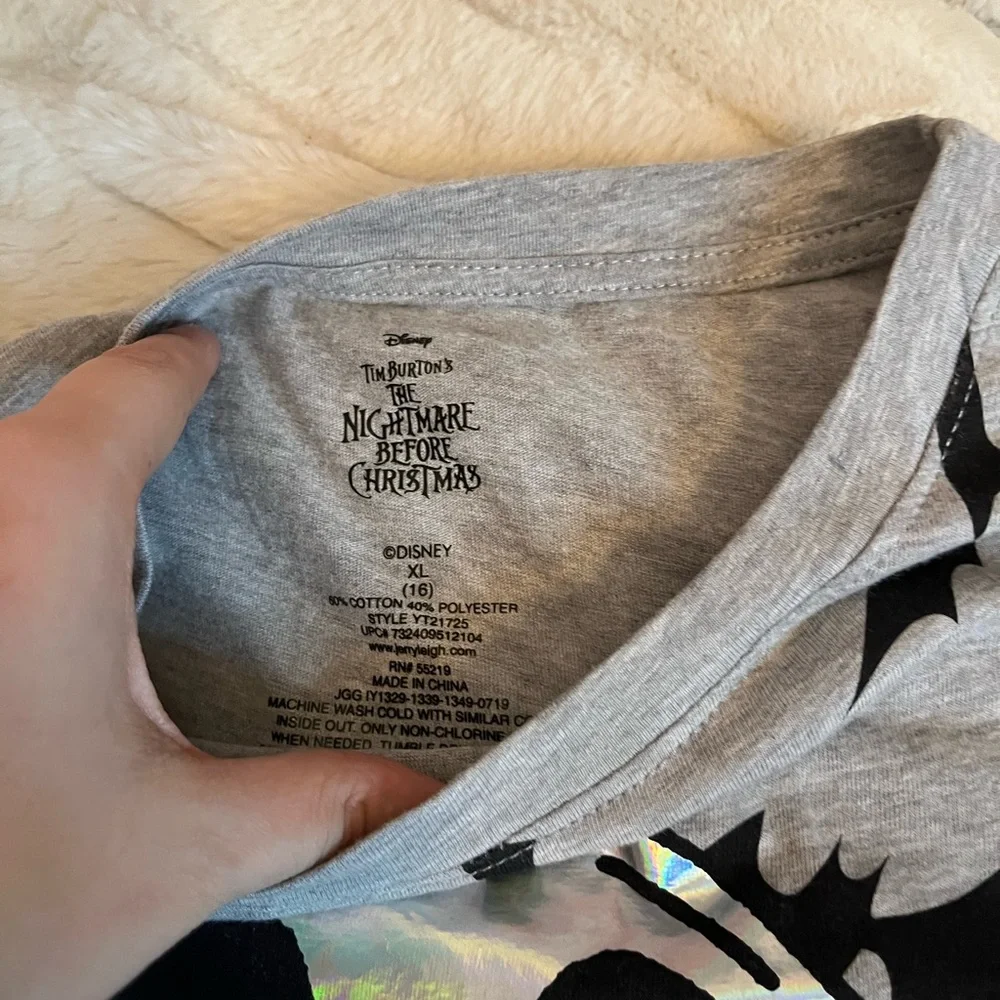 NWT Disney Jack Skellington Girl XL/16 Grey Black Iridescent Bat Long Sleeve Tee